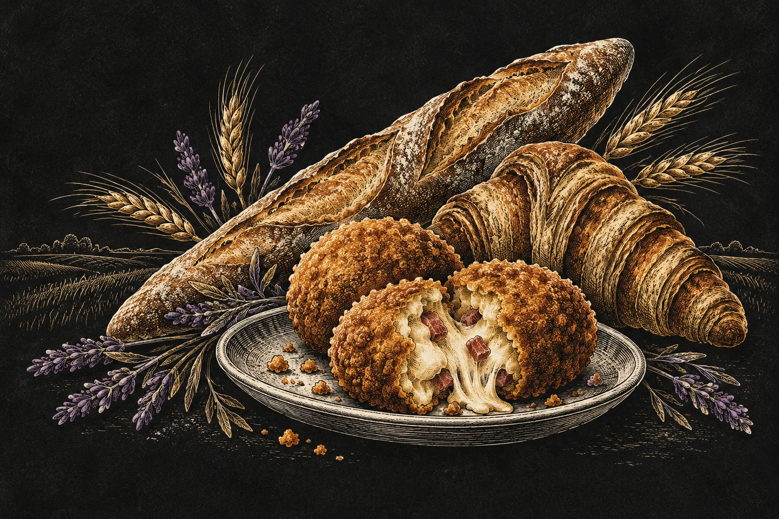 Concept illustration of croquettes, a croissant and a baguette.