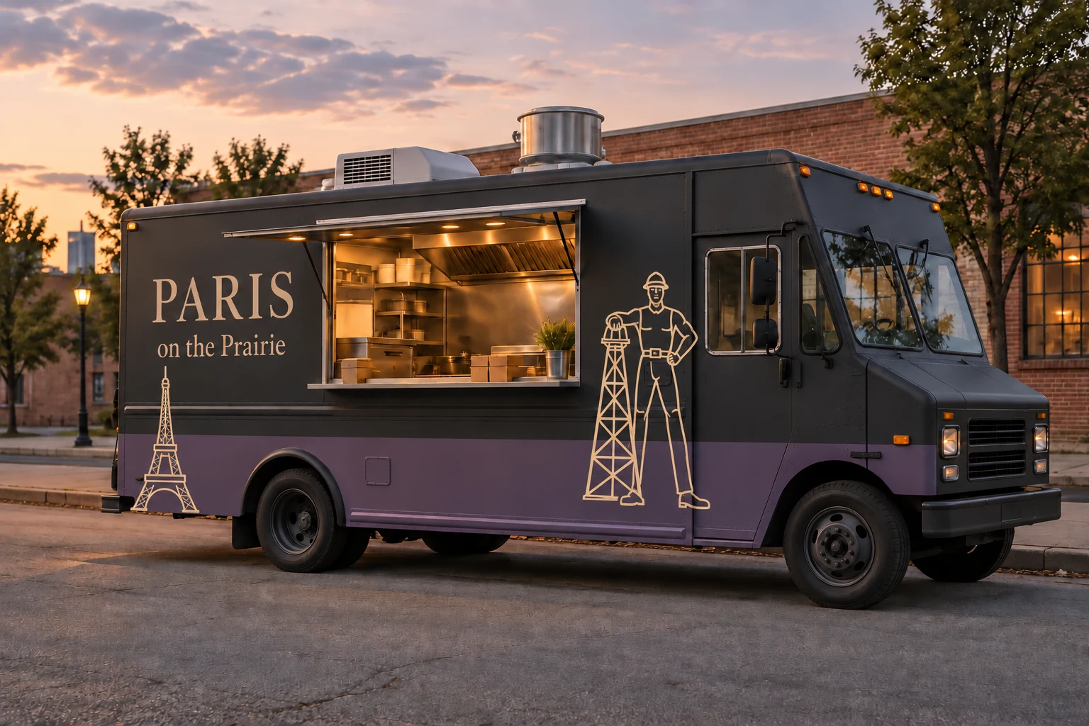 AI-generated concept of a full-size charcoal and muted-purple Paris on the Prairie food truck parked on a brick-lined street at dusk. The serving window glows warmly, with a large Eiffel Tower graphic at the rear and a Golden Driller graphic beside the cab.